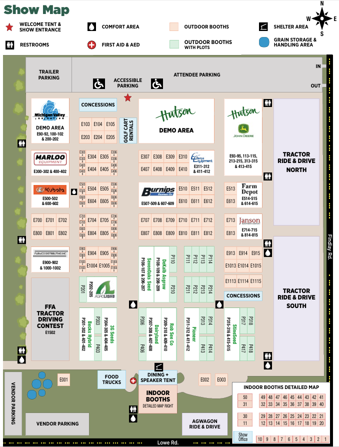 AgroExpo 2026 show map. PM Precision Ag is in outdoor booths E914 and E915 on the east side of the grounds near Tractor Ride and Drive South.